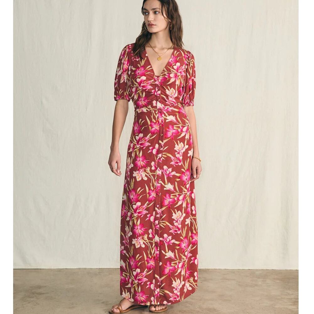 Faherty Majorca Sorrento Floral Print Breezy Button Front Puff Sleeve Maxi Dress